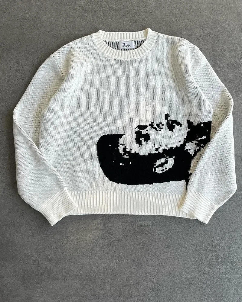 High Street Y2k Men crew neck Knitwear Streetwear Retro hip Hop Loose punk long sleeve top Harajuku Goth fashion warm sweater 250109Z