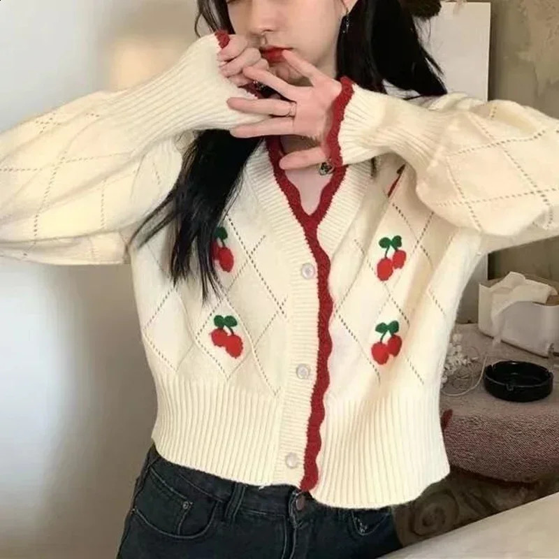 Autumn Vneck Long Sleeve Knitting Sweater Women Casual Loose Button Floral Allmatch Tops Sweet Cherry Cardigan Crop Top 250109Z