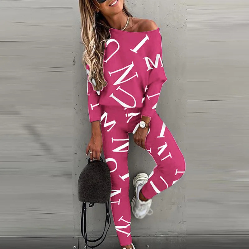 Women Sportswear Suit Autumn Fashion Letter Print Fit One Shoulder Long Sleeve Top High Waist Drawstring Pants Set 250114Z