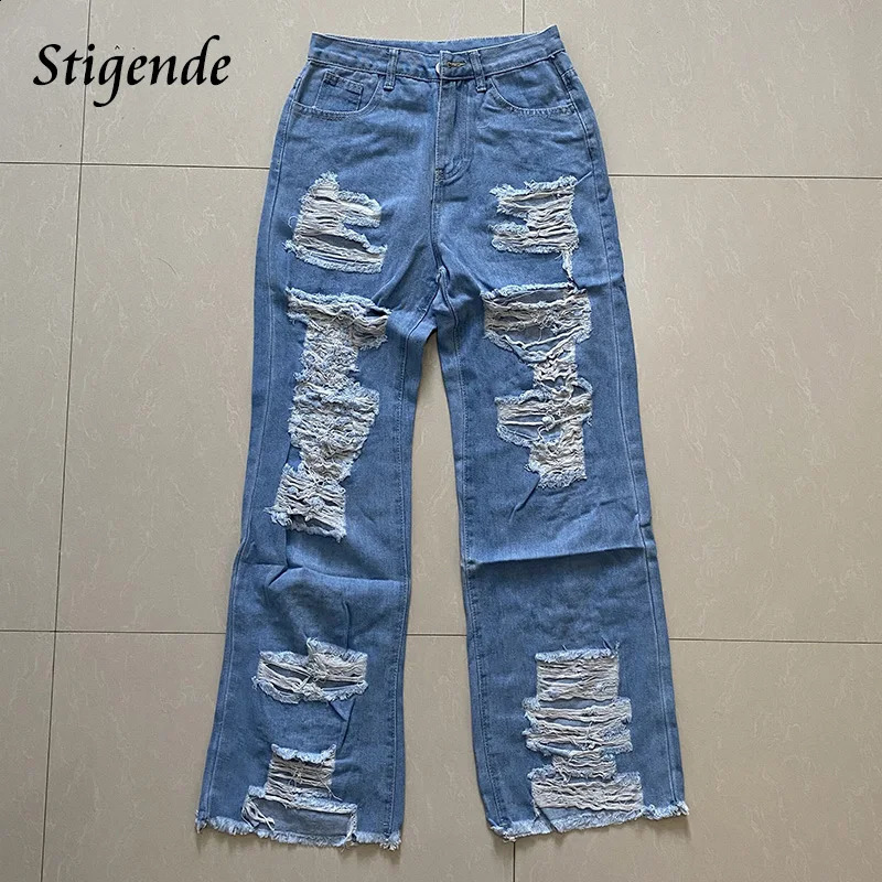 Rising Women XXXL Denim Pants Wide Leg Ripped Jeans Streetwear Sexy Hollow Out Patchwork Shredded Jeans Fashion Trousers 250117