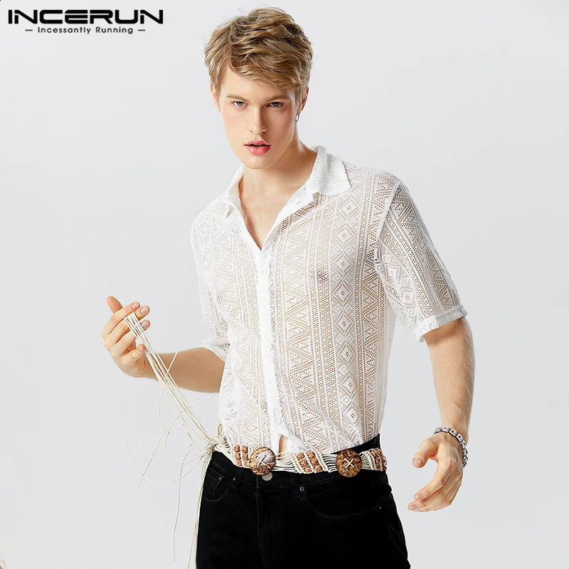 INCERUN Tops American Style Casual Mens Hollow Lace Printed Shirts Fashion Street Short Sleeved Lapel Blouse S-5XL 250118