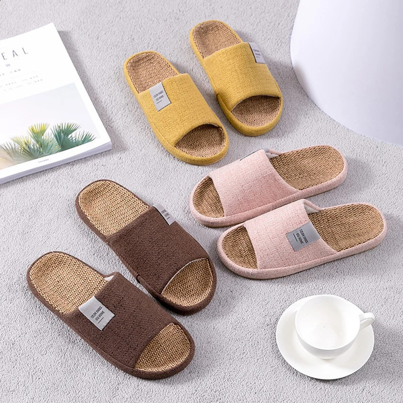Breathable Flax Slippers Women Men Indoor Mute Slipper Anti-slip Lovers House Floor Shoes Soft Ladies Summer Home Slides 250118