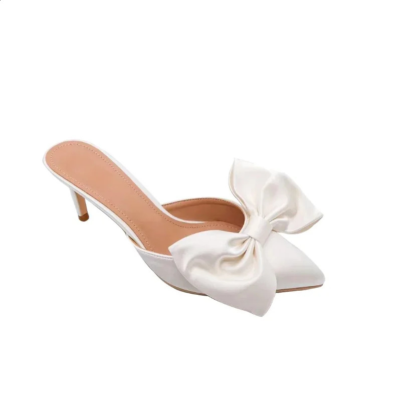 Summer Womens Slippers Bowknot Cat Heel Low Heel Mid Heel Pointed Toe Shoes Slippers High Heels 250118