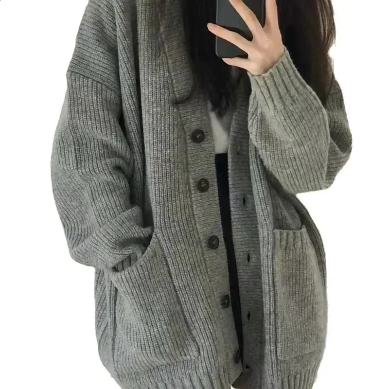 Korean College Style Single Breasted Cardigans Loose and Lazy Vneck Big Pocket Knitted Cardigan Womens Coat Sweater 250109Z
