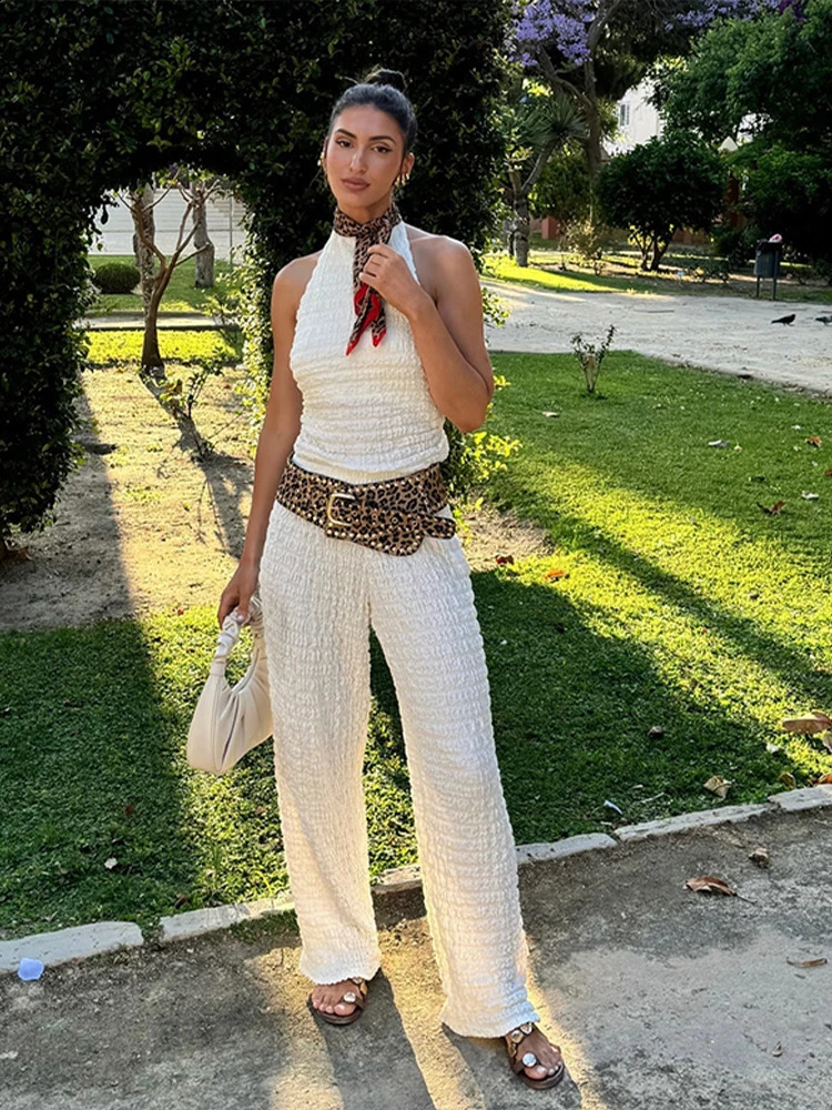 Elegant Pleated Halter Top Pants Sets Women Sleeveless Backless Top High Waist Wide Leg Trousers Suit 2024 Summer Lady 2 Pieces 250122