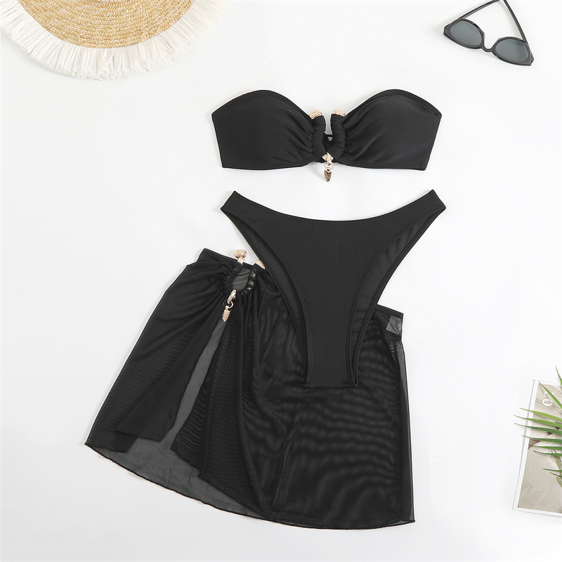 Sexy Bandeau Bikini Set With Mesh Split Skirt Beach Swimsuit for Women Metal Ring Decor Strapless Swimwear Female 3pcs Lace Up Bikinis Bather Bathing 