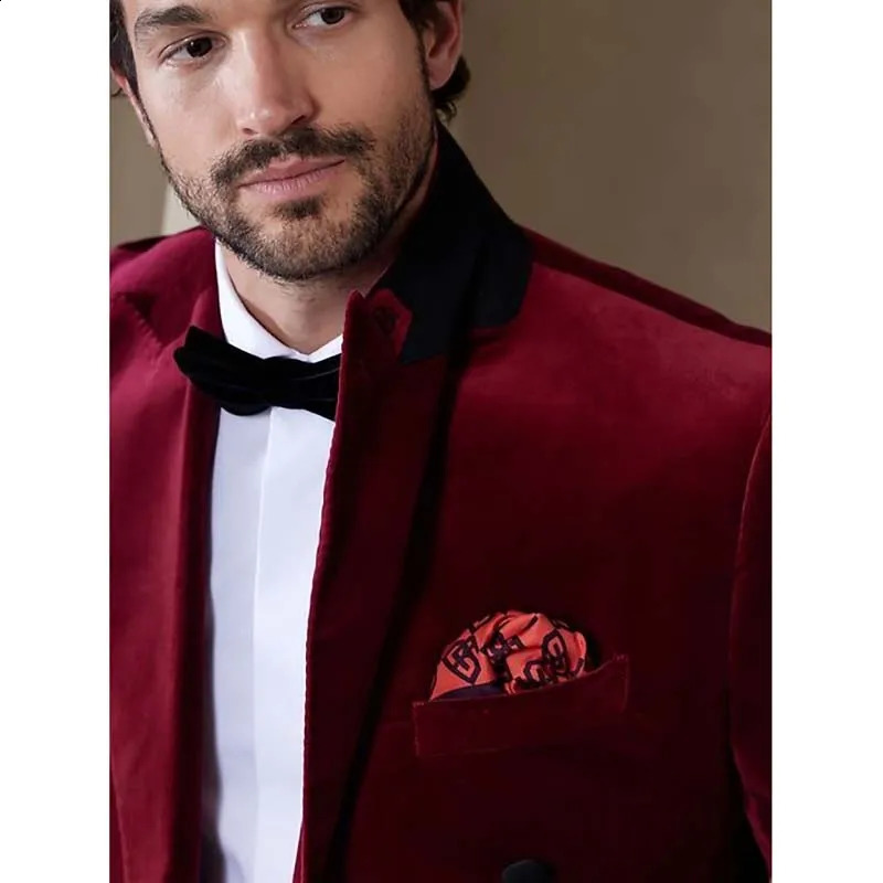 Red Velvet Double Breasted Men Suits High Quality Fashion 2 Piece Jacket Pants Elegant Groom 2025 Wedding Slim Fit Outfits 250121