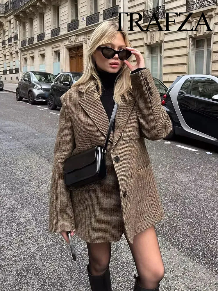 TRAFZA Womens Autumn Fashion Slim Fit Blazer Retro Houndstooth V-neck Pocket Decorated Womens Commuting Blazer Streetwear 250109
