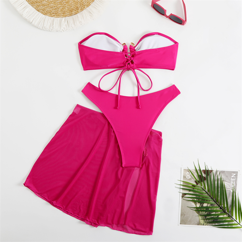 Sexy Bandeau Bikini Set With Mesh Split Skirt Beach Swimsuit for Women Metal Ring Decor Strapless Swimwear Female 3pcs Lace Up Bikinis Bather Bathing 