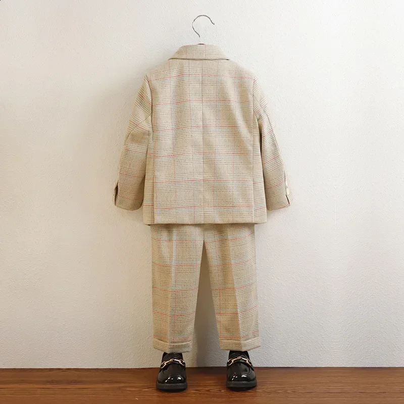 Kids Wedding Suit 8 To 12 Y Boys Autumn Clothes Fashion Double-breasted Plaid Blazer Set Formal Child Piano Performance Costume 250120