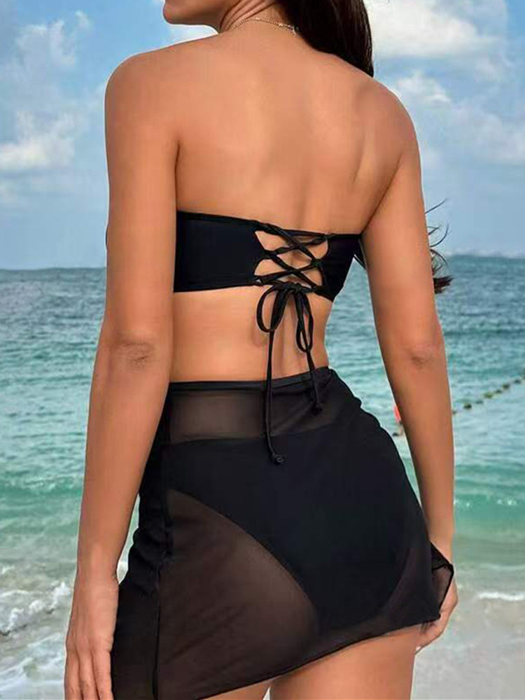 Sexy Bandeau Bikini Set With Mesh Split Skirt Beach Swimsuit for Women Metal Ring Decor Strapless Swimwear Female 3pcs Lace Up Bikinis Bather Bathing 