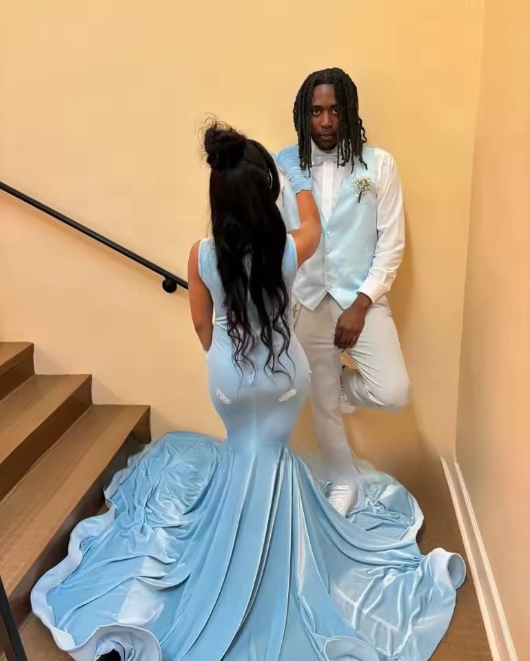 Baby Blue Prom Dresses 2025 Crystal Rhie Mermaid Party Dress Long Women Veet Evening Gowns With Gloves Customized 0220