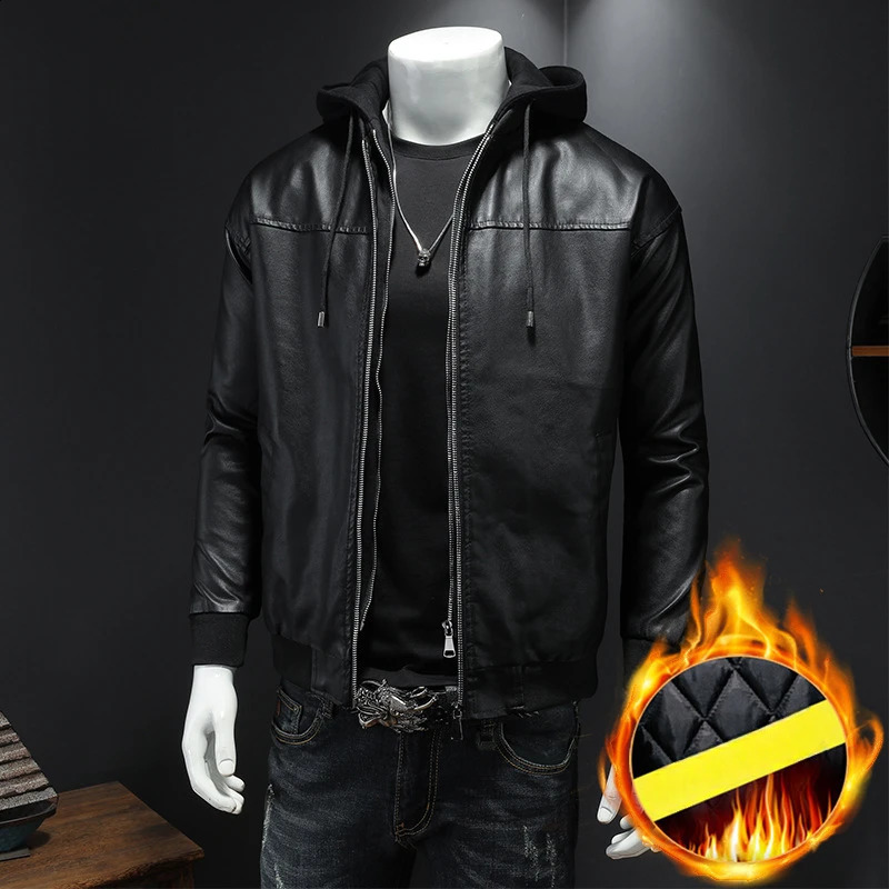 Leather Jacket Mens Autumn and Winter Casual Hooded Handsome Locomotive Clothes Cotton Thickened 250109Z