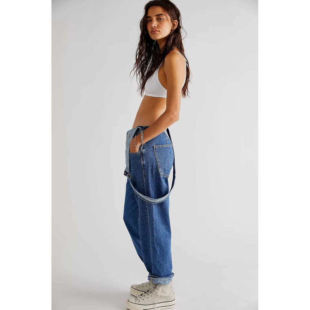 Canwedance Women's Boho Denim Jumpsuits Shoulder Strap Loose Fit Long Jeans One-Piece Outfits Free Style Rompers People Overalls