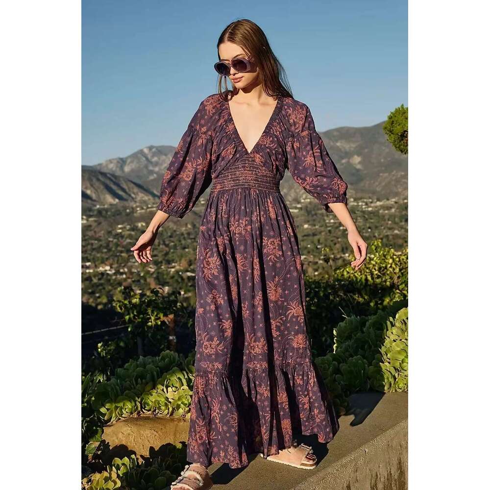 Canwedance Boho Printing Maxi Deep Chic Dress Free Style V Neck Stretch Waist Vacation People Vestidos Hippie Robes