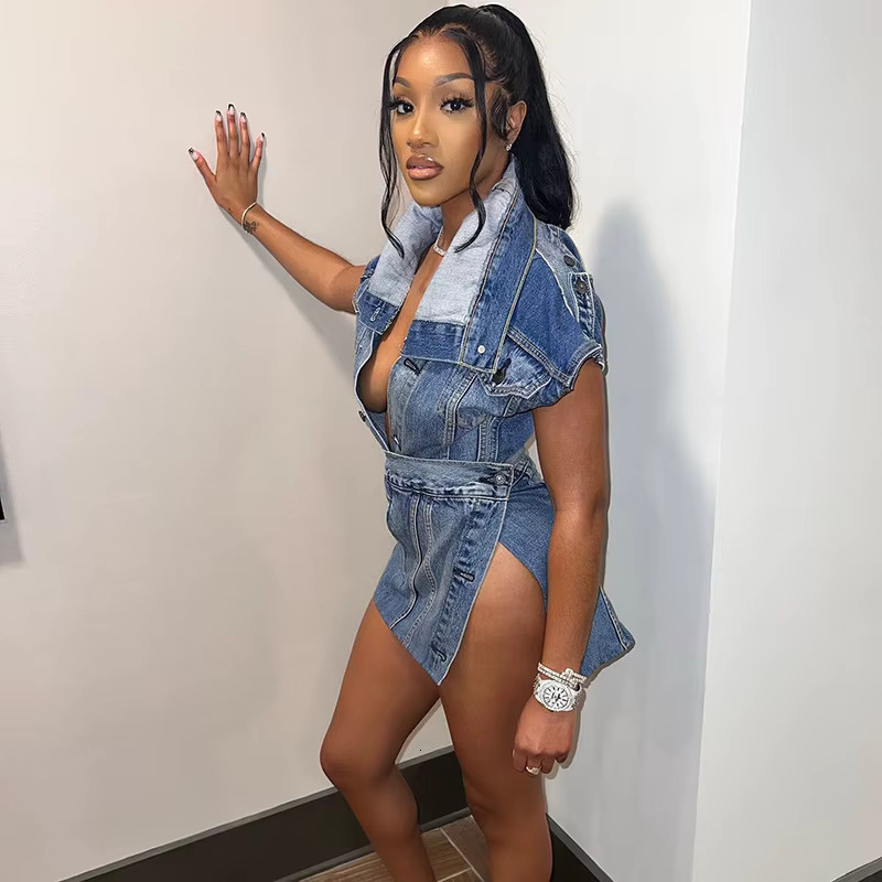 Night Club Denim Outfits Sexy Women Two Pieces Elegant Jeans Party Matching Set Top+Mini Skirt