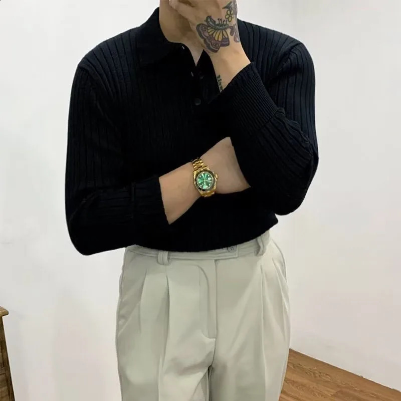 Autumn Long Sleeve Knit Polo Shirt Men Fashion Ribbed Solid Color Slim Polo T-shirts Knitted Mens Casual Button Lapel Pullovers 250114bj