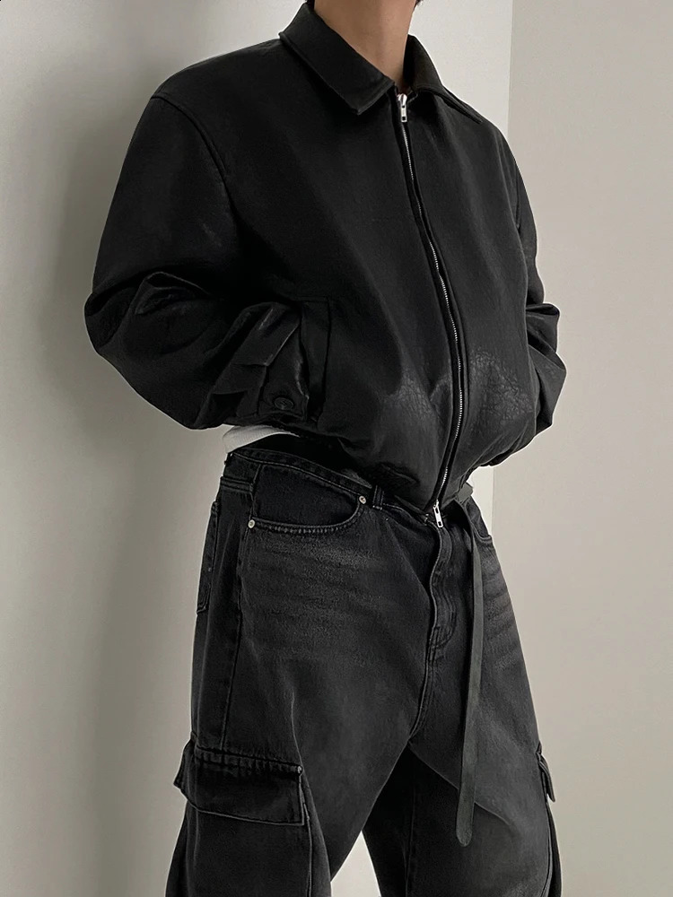 SYUHGFA Men PU Leather Jackets High Street Turn-down Collar Zipper Pockets Solid Color Male Short Coat Spring Chic 250109