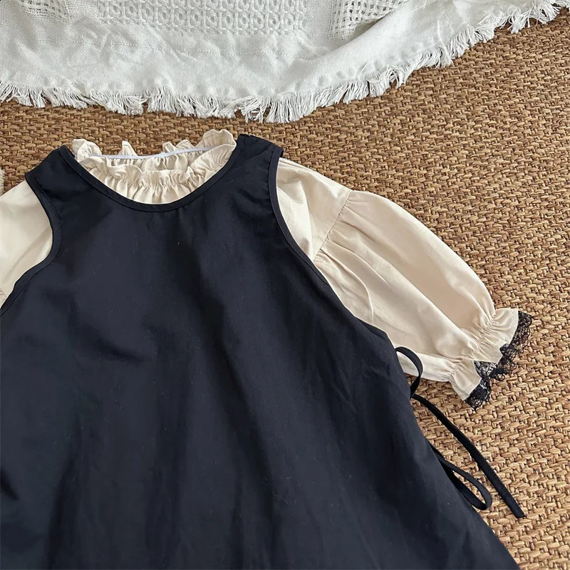 Girls Casual Dresses Autumn Girl Flower Edge Children Clothing Long Sleeves Skirt Overskirt 2 Piece Set Sweet Fashion 250120