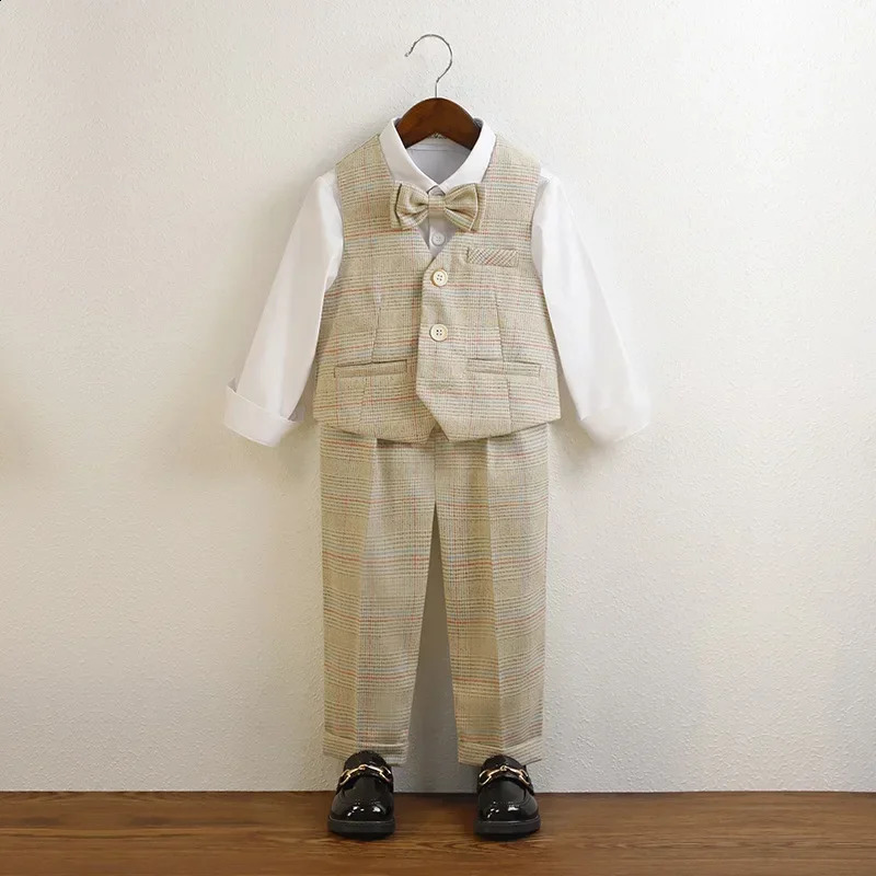 Kids Wedding Suit 8 To 12 Y Boys Autumn Clothes Fashion Double-breasted Plaid Blazer Set Formal Child Piano Performance Costume 250120