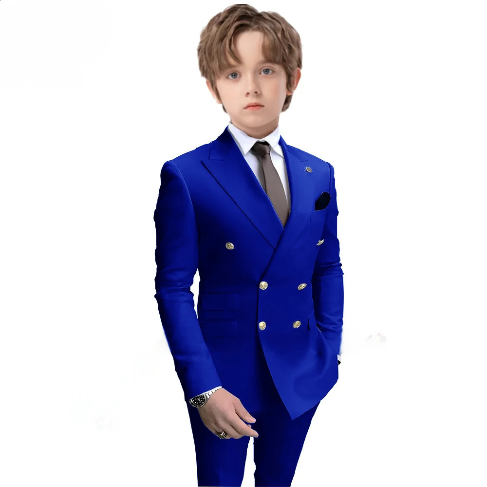 Navy Blue Boys 2 Piece Suit Double Breasted Blazer Kids Wedding Tuxedo Jacket Pants Formal Child Clothes 2-16 Years Old 250120