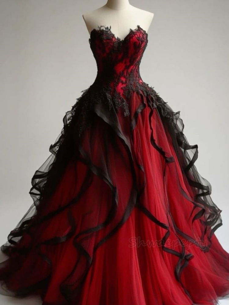 Vintage Red And Black Prom Dresses Ruffles A-Line Tulle Special Occasion Gown Lace Appliques Sweetheart Sleeveless Long Evening Dress For Women 2025