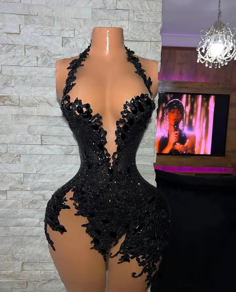 African Black Mini Short Prom Dresses For Women Sexy Lace Applique Sleeveless Vestido De Party Cocktail Evening Dress Customized250120