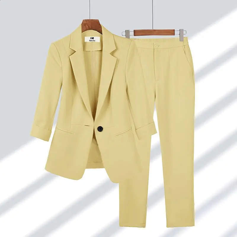Summer Thin Jacket Blazer Casual Wide Leg Pants Two Piece Elegant Womens Set Office Outfits Business Clothing 250114Z