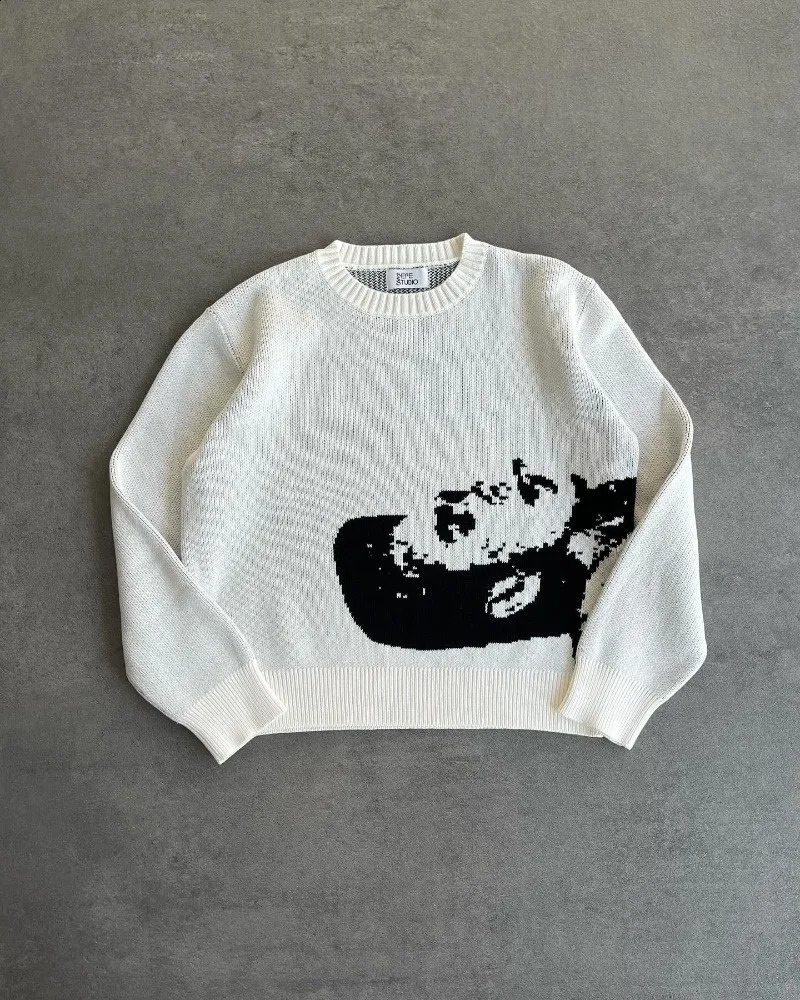 High Street Y2k Men crew neck Knitwear Streetwear Retro hip Hop Loose punk long sleeve top Harajuku Goth fashion warm sweater 250109Z