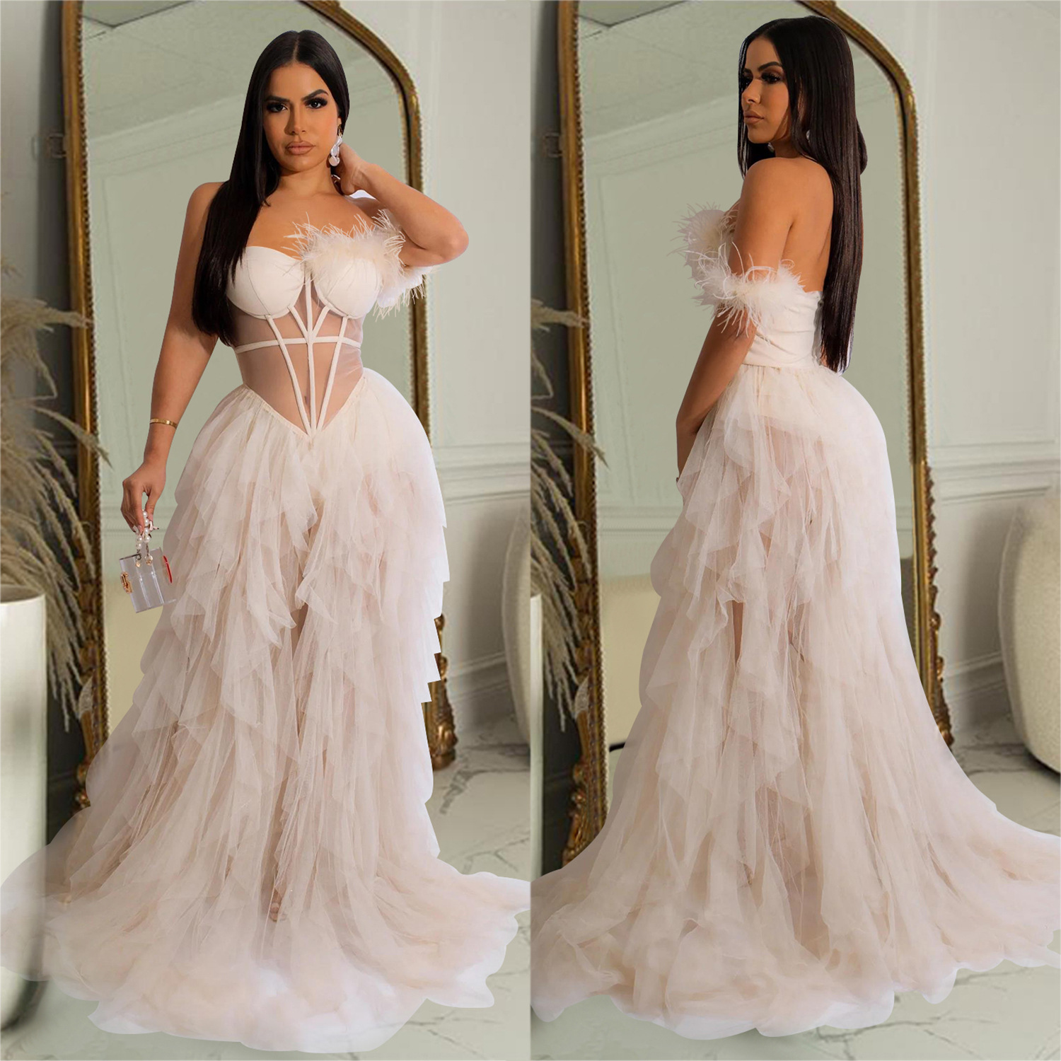 Casual Dresses Sleeveless Wrapped Chest Mesh Dress With Open Back Fishbone Perspective Long Dress Black White Red Light Pink Women