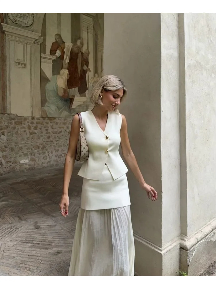 TRAF Women Knitted Sets Loose Skirt Set 2 Pieces Summer Button V-neck Vest Top Ankle-Length Skirt Lady Street Outfit 250109