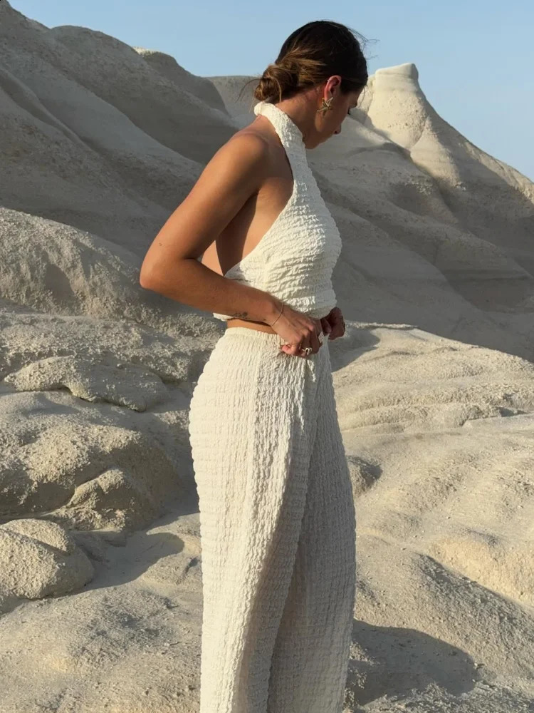 Elegant Pleated Halter Top Pants Sets Women Sleeveless Backless Top High Waist Wide Leg Trousers Suit 2024 Summer Lady 2 Pieces 250122