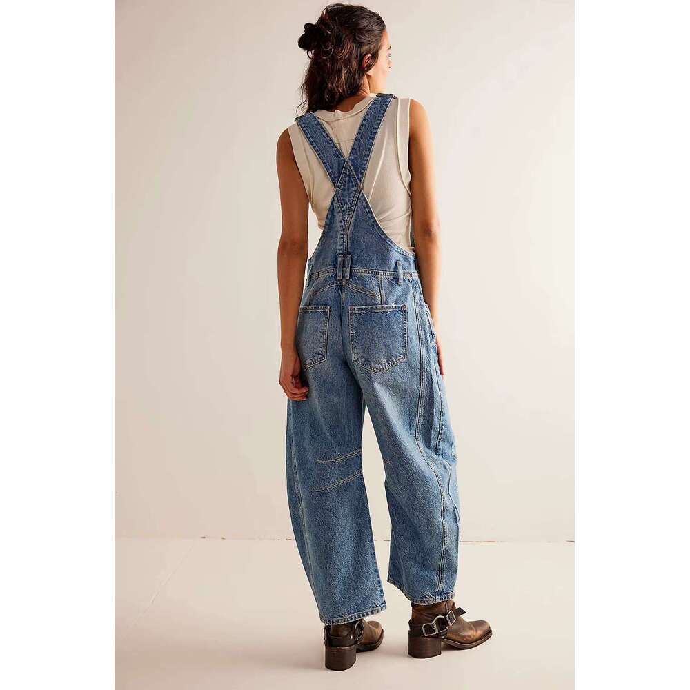 Canwedance Women's Boho Denim Jumpsuits Shoulder Strap Loose Fit Long Jeans One-Piece Outfits Free Style Rompers People Overalls