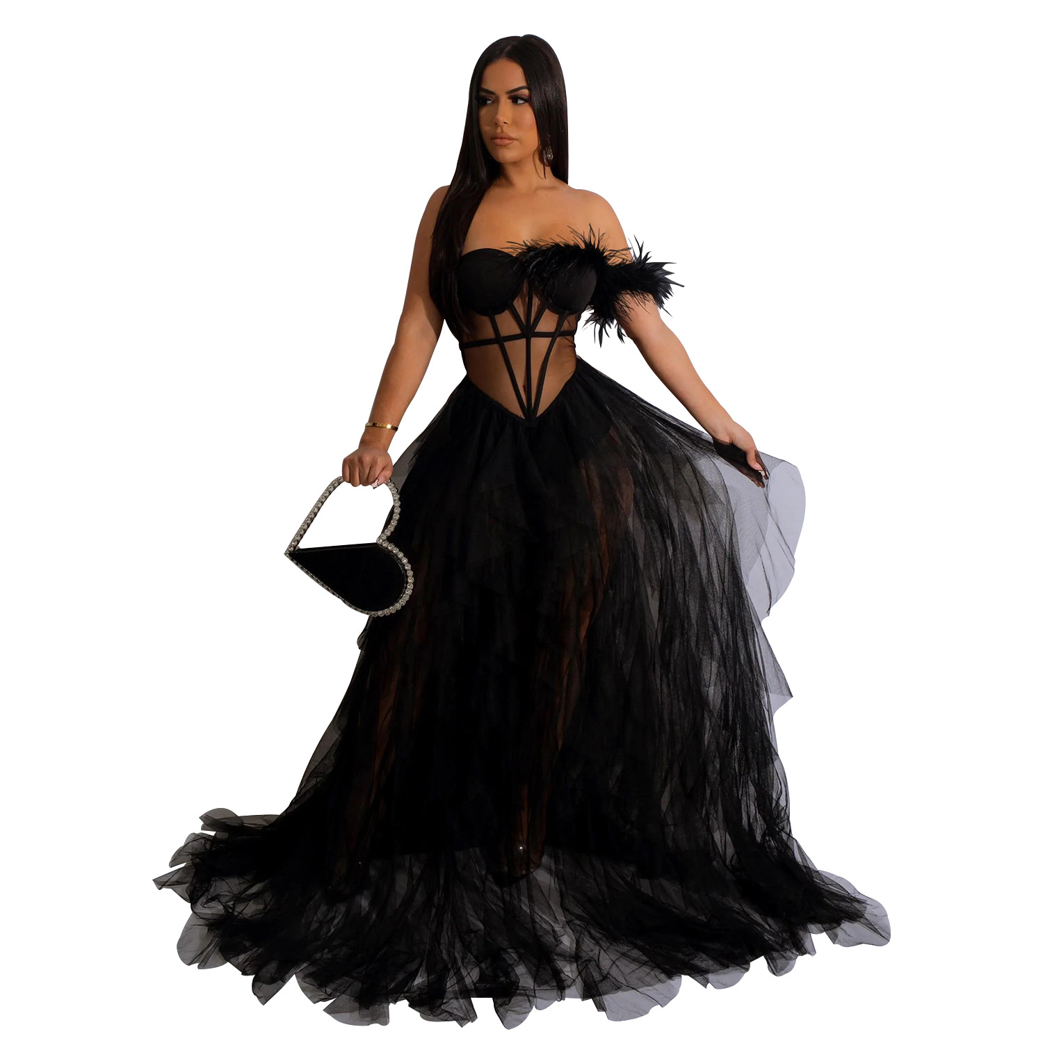 Casual Dresses Sleeveless Wrapped Chest Mesh Dress With Open Back Fishbone Perspective Long Dress Black White Red Light Pink Women