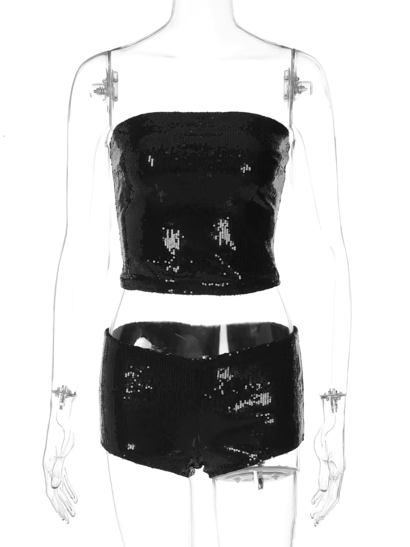 Women's Sexy Solid Black Sequins Two Piece Sets Strapless Corset Tops And Low Waist Shorts Matching Set Night Club Streetwear