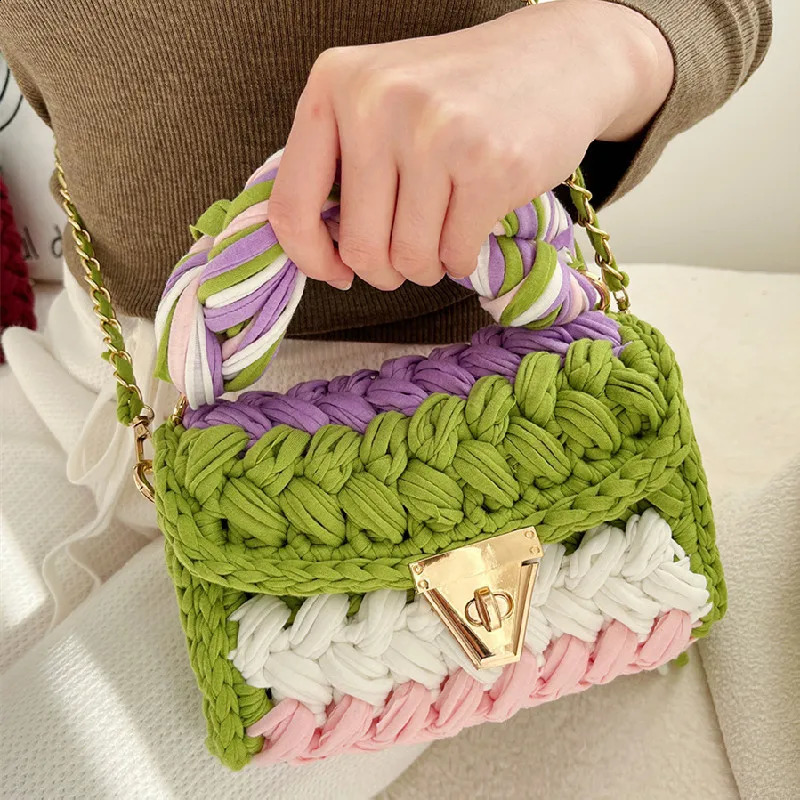 New Free Shipping Designer Bag Handmade Woven Womens Thread Hook Knitted Shoulder Bag Colorful Strip Chains Bags For Women Small Purses