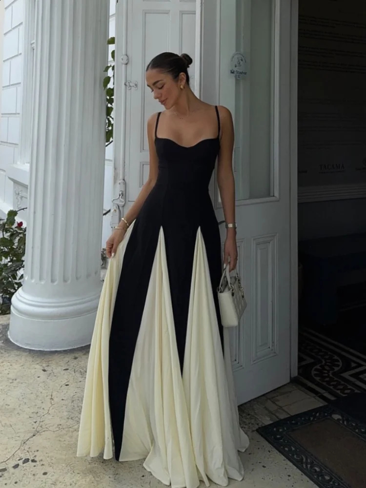 Fashion Gauze Contrasting Color Strap Maxi womens elegant backless sleeveless high waisted vest fashion womens party dress 250117