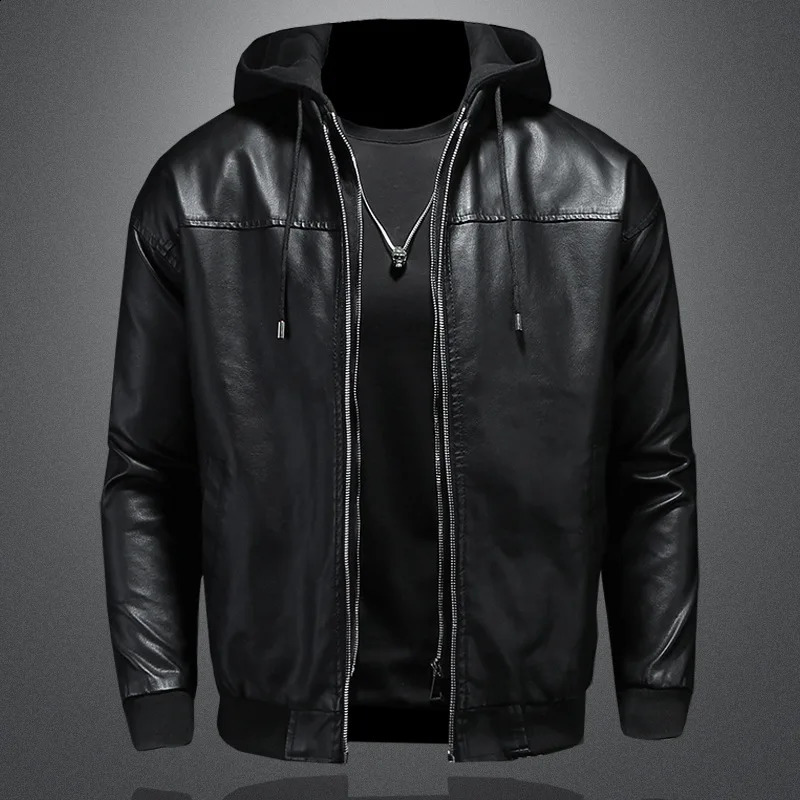 Leather Jacket Mens Autumn and Winter Casual Hooded Handsome Locomotive Clothes Cotton Thickened 250109Z
