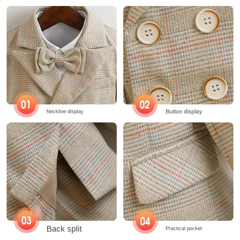 Kids Wedding Suit 8 To 12 Y Boys Autumn Clothes Fashion Double-breasted Plaid Blazer Set Formal Child Piano Performance Costume 250120