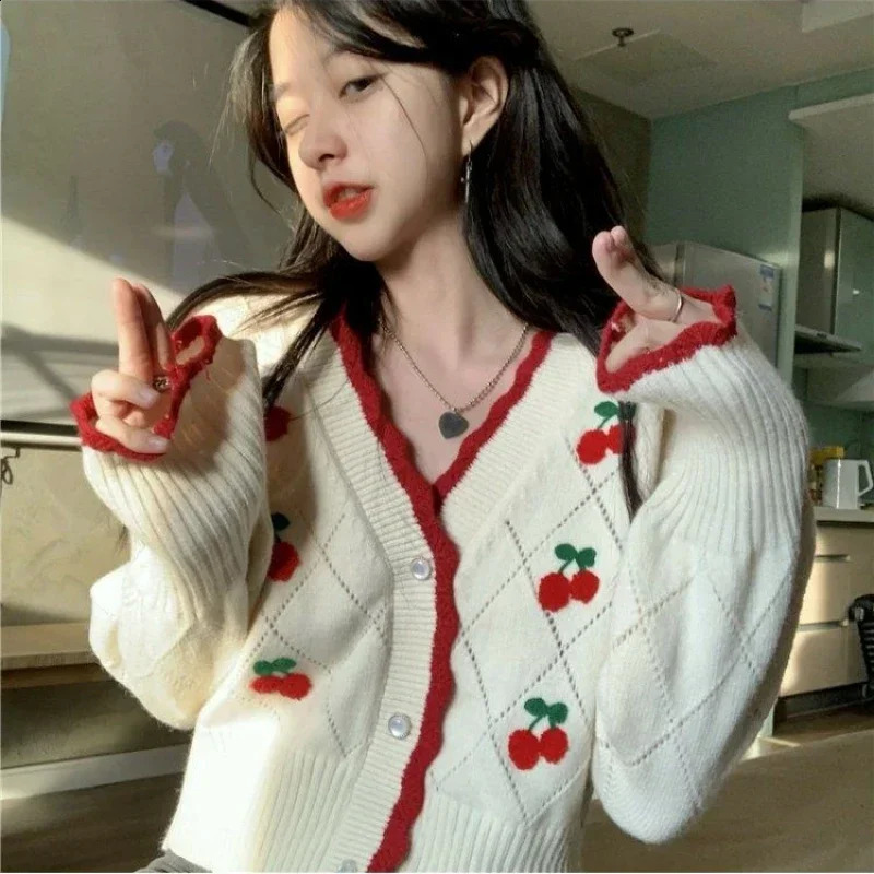 Autumn Vneck Long Sleeve Knitting Sweater Women Casual Loose Button Floral Allmatch Tops Sweet Cherry Cardigan Crop Top 250109Z