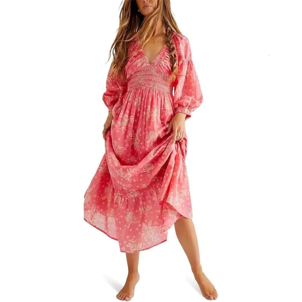 Canwedance Boho Printing Maxi Deep Chic Dress Free Style V Neck Stretch Waist Vacation People Vestidos Hippie Robes