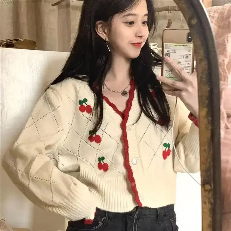 Autumn Vneck Long Sleeve Knitting Sweater Women Casual Loose Button Floral Allmatch Tops Sweet Cherry Cardigan Crop Top 250109Z