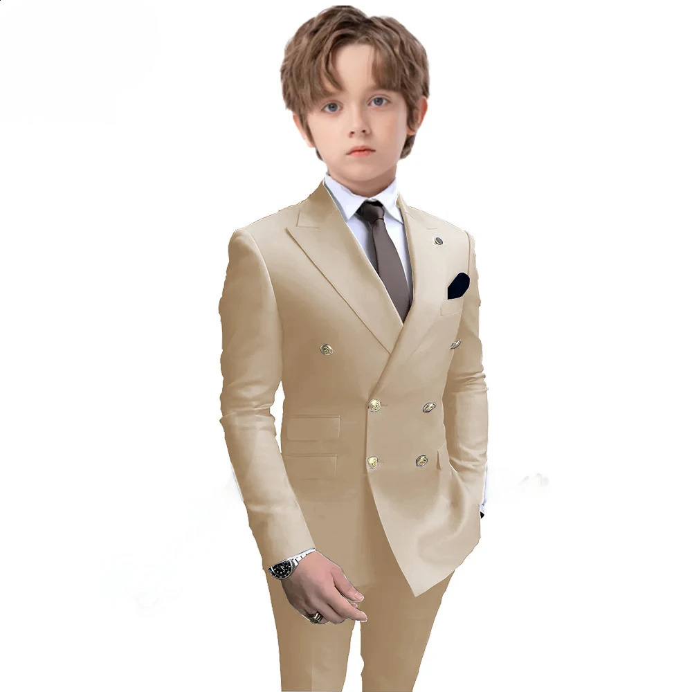 Navy Blue Boys 2 Piece Suit Double Breasted Blazer Kids Wedding Tuxedo Jacket Pants Formal Child Clothes 2-16 Years Old 250120