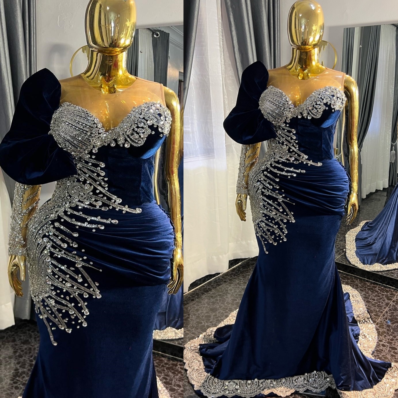 Aso Ebi Royal Blue Mermaid Prom Dresses 2025 Crystals Lace Veet Evening Formal Party Second Birthday Engagement Gowns Plus Size Dress For Special Ocns