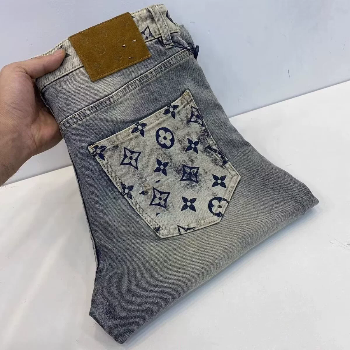 Trendy High-end Men's Jeans Slim Fit Printed Back Pocket Stylish Straight Leg Spring Summer High Elasticity Feel Trousers