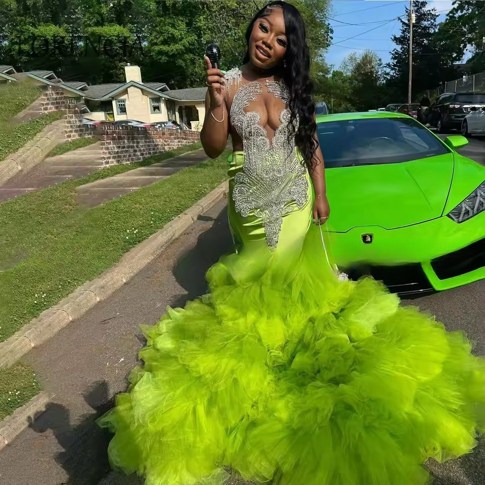 Green Sequins Crystal Mermaid Prom Dress Layered For Black Girls Ruffles Sleeveless Evening Party Gowns Custom vestidos de gala
