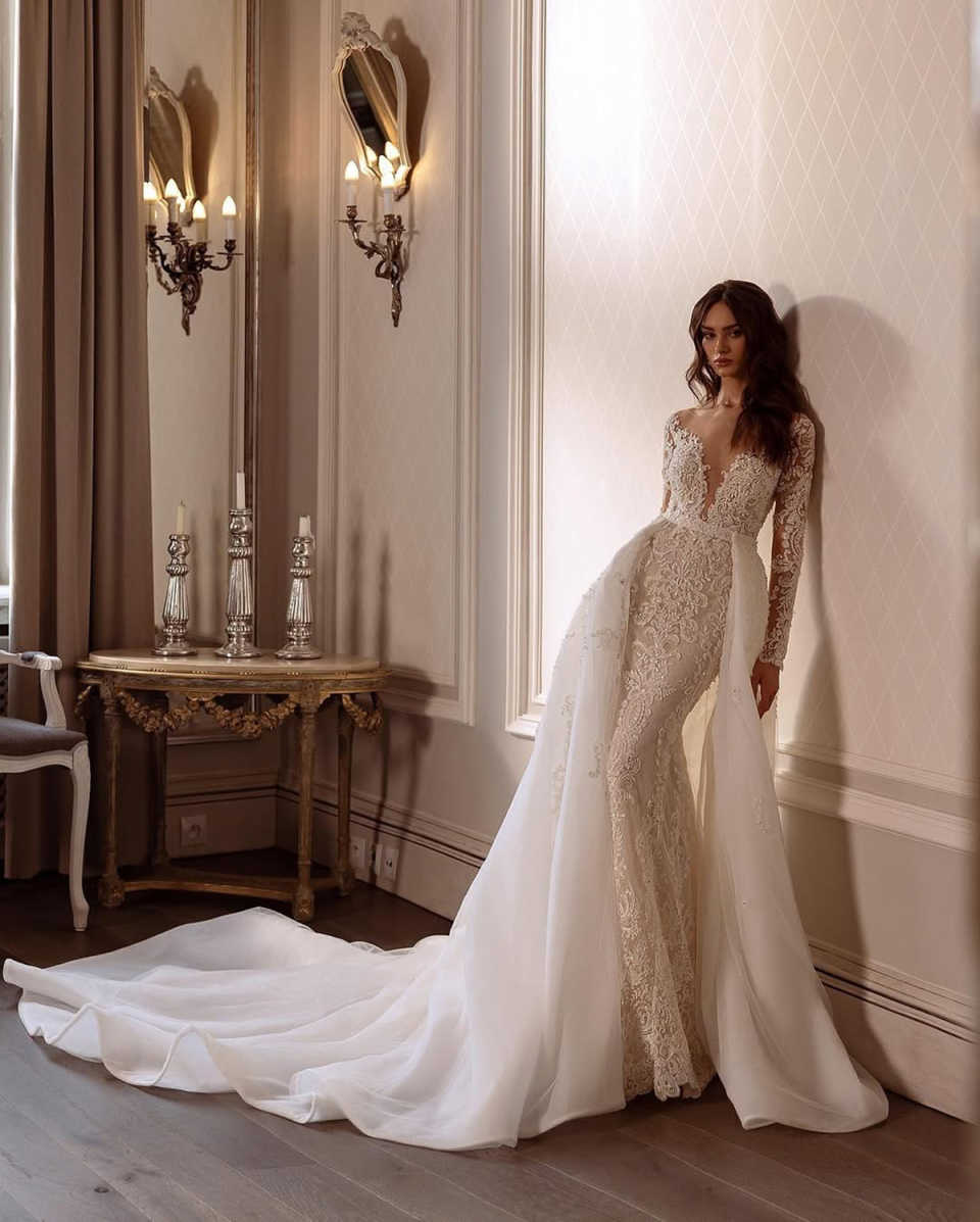 Elegant Mermaid Wedding Dresses Sheer Neck Lace Appliques Long Sleeve Bridal Gowns Custom Made Bride Dress With Detachable Train