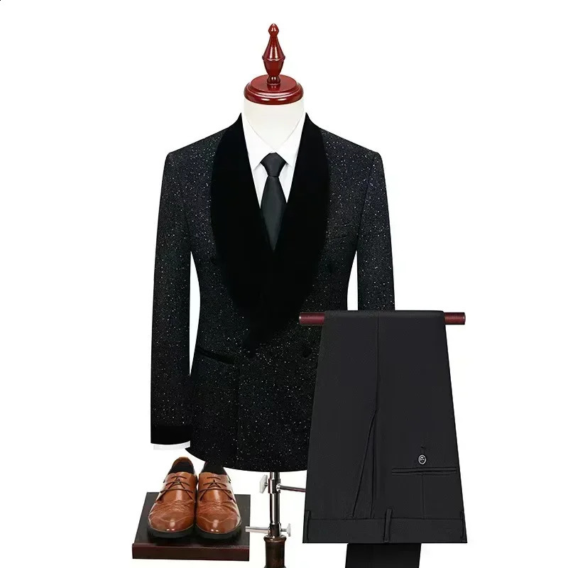 Stylish Suits for Men Shiny Yarn Coat Single Blazer or 2 Pieces Blazer and Pants Set Shawl Lapel Stage Costume Banquet Ceremony 250120