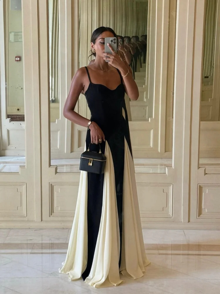 Fashion Gauze Contrasting Color Strap Maxi womens elegant backless sleeveless high waisted vest fashion womens party dress 250117