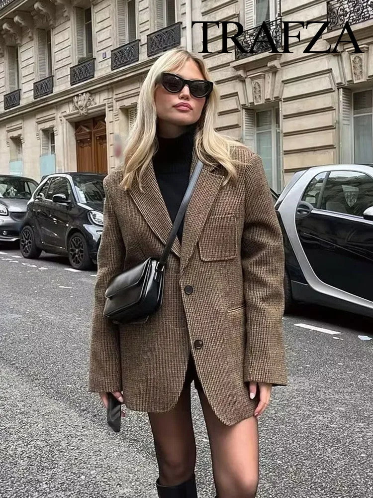 TRAFZA Womens Autumn Fashion Slim Fit Blazer Retro Houndstooth V-neck Pocket Decorated Womens Commuting Blazer Streetwear 250109